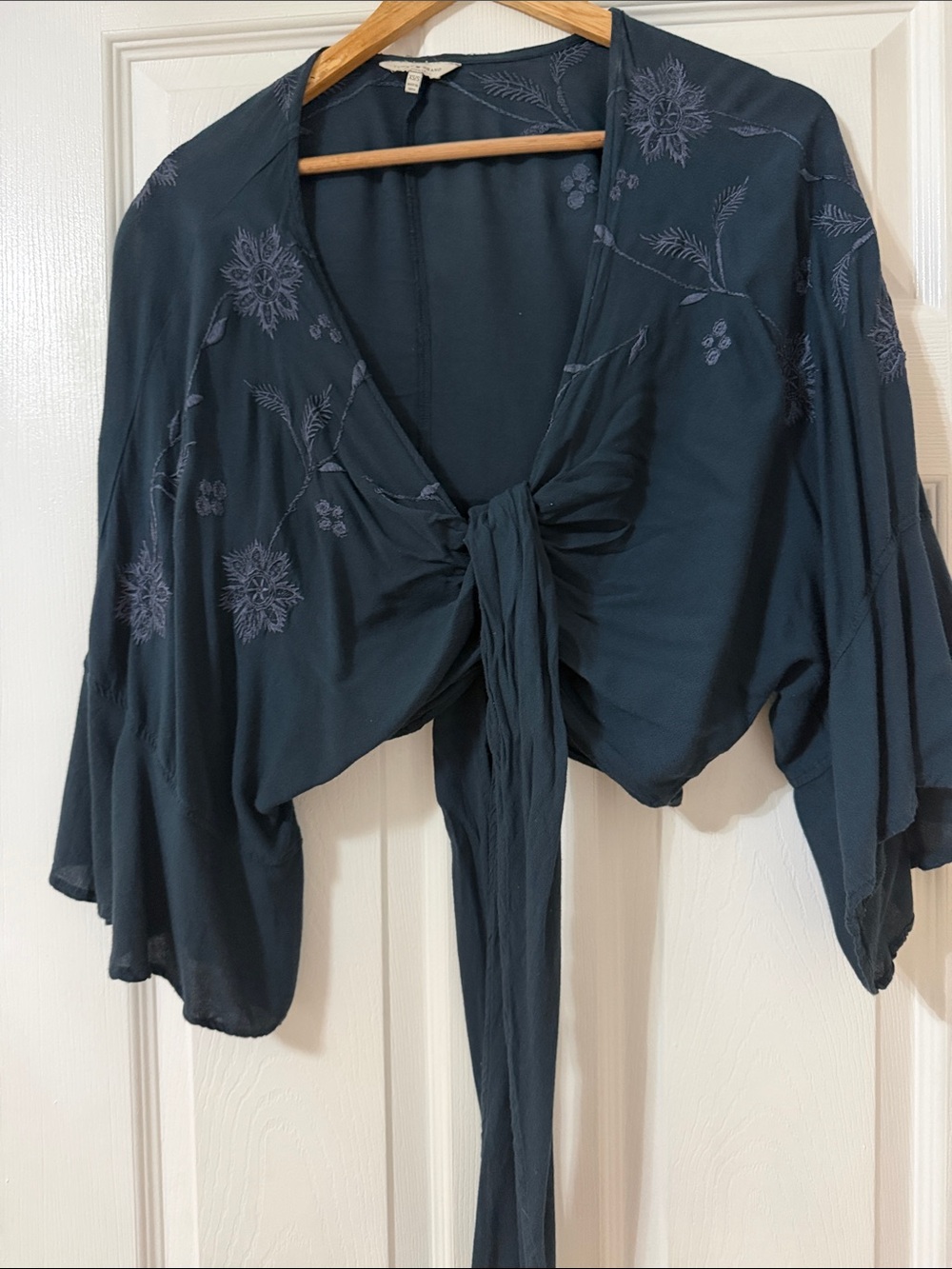 Lucky Brand Deep Teal Tie-Front Crop Top with Floral Embroidery